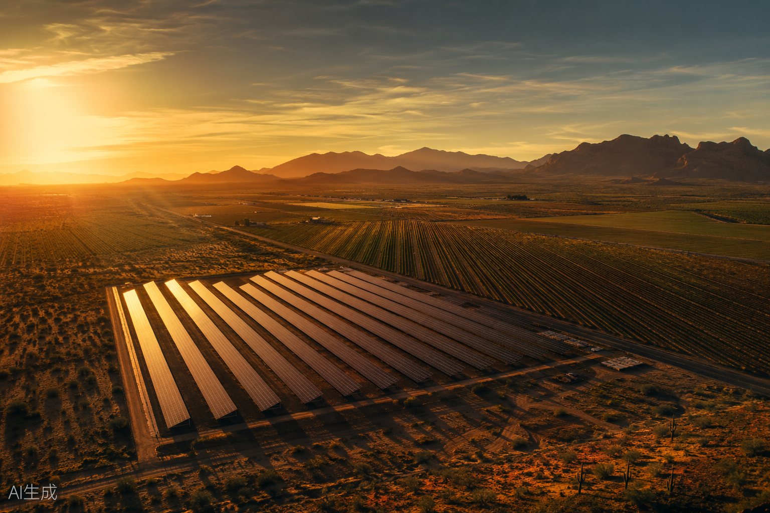 Desert agrivoltaics at golden hour